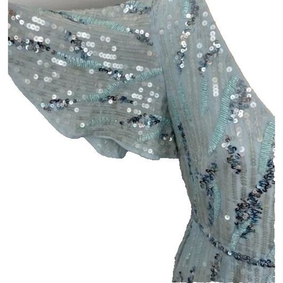 MAC DUGGAL 93591 SEQUINED V-NECK FLUTTER SLEEVE TEA LENGTH POWDER BULE GOWN 18 - Picture 6 of 9